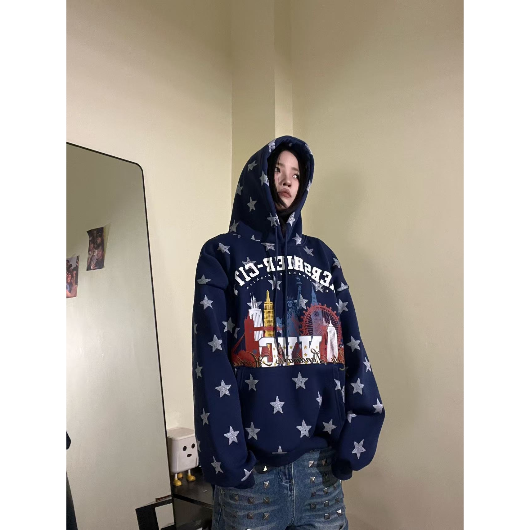 15GET字母星星印花加绒连帽卫衣