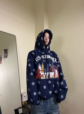 15GET 美式复古字母星星印花加绒连帽卫衣男女秋冬宽松百搭帽衫