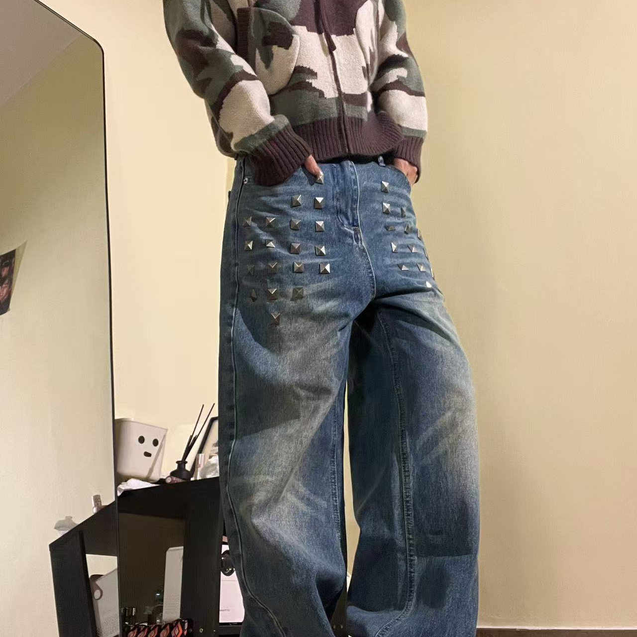 15GET 美式水洗做旧猫须铆钉宽松直筒牛仔裤百搭显瘦长裤男女裤子