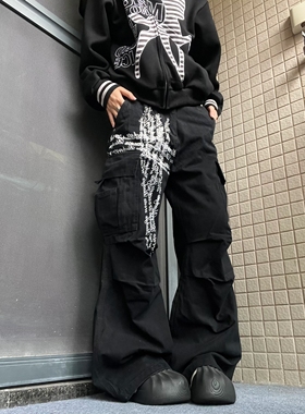 15GET 美式轻亚风街头十字架印花多口袋工装裤直筒阔腿长裤男女