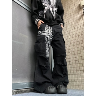 直筒阔腿长裤 15GET 裤 轻亚风街头十字架印花多口袋工装 男女 美式