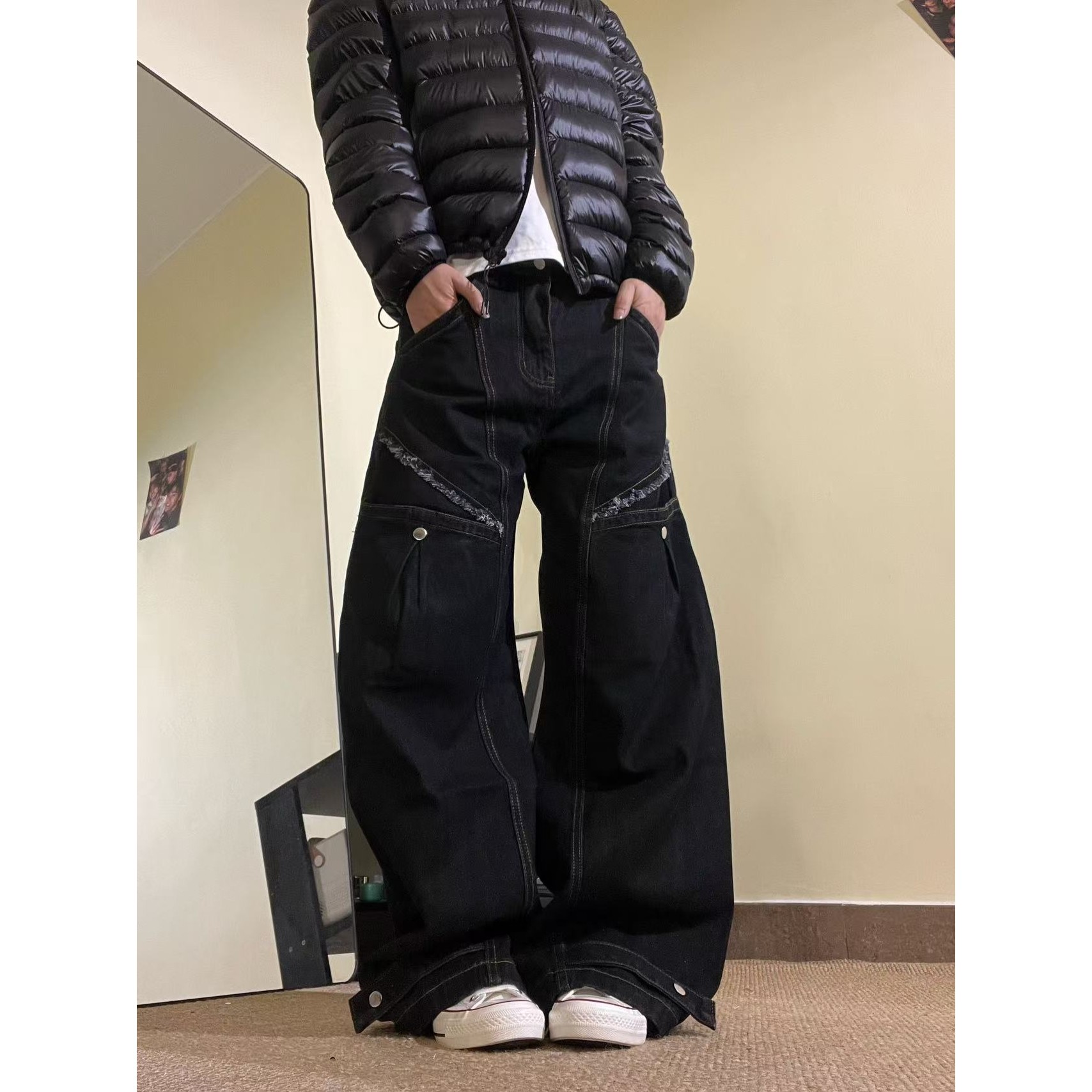 15GET美式丹宁色明线弯刀牛仔裤