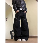 15GET 男女 宽松磨边破坏设计休闲牛仔裤 美式 复古丹宁色明线弯刀裤