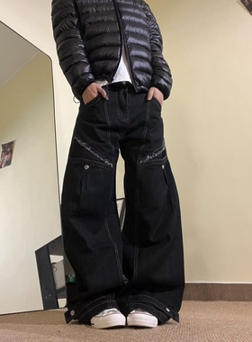 15GET 美式复古丹宁色明线弯刀裤宽松磨边破坏设计休闲牛仔裤男女