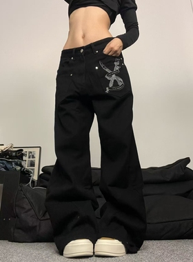 15GET 美式复古标语印花廓形拼接弯刀高级感宽松黑色牛仔裤男女