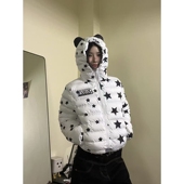 15GET 美式 街头满印星星印花猫耳朵短宽棉服趣味保暖排骨外套女