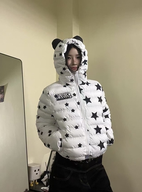 15GET 美式街头满印星星印花猫耳朵短宽棉服趣味保暖排骨外套女