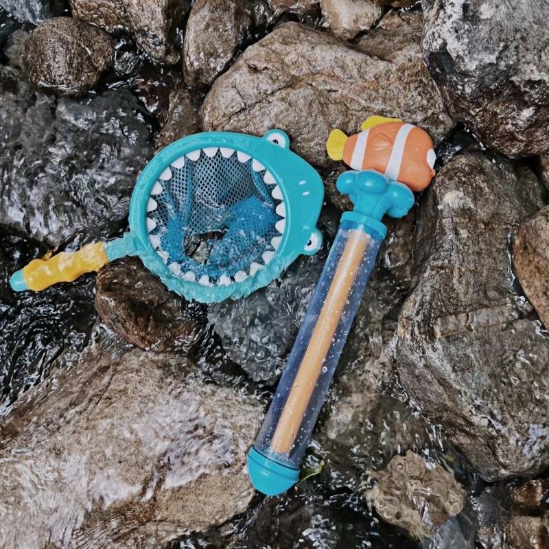 儿童喷水枪抽拉式水炮小宝宝捞鱼网溯溪露营玩具海边沙滩玩水装备