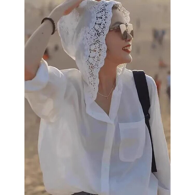 洋气高端别致衬衣2025新款夏季蕾丝镂空连帽设计感衬衫防晒薄外套