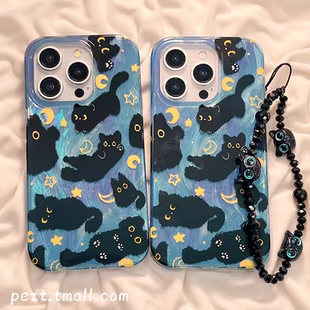 卡通黑色猫咪月亮适用于vivo iqoo13pro/11s/10手机壳neo7羽纱neo6se全包z5/u3x新iqooneo10/9女z7x/z8x