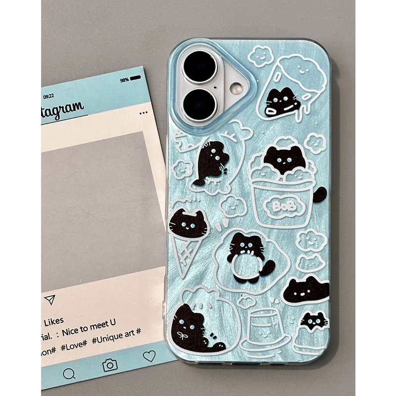 ZYL卡通涂鸦黑猫适用于真我gt大师探索手机壳realme11/gtneo5创意neo3全包v30/GT7pro女v23/10pro羽毛IMD