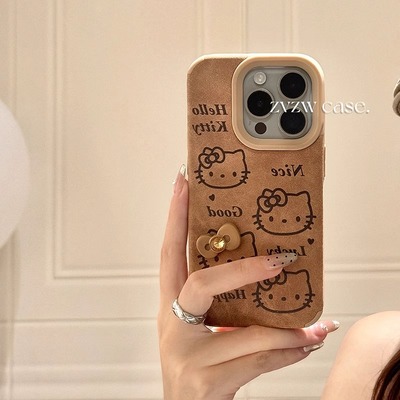 秋冬棕色麂皮小猫头像适用于苹果17promax/16手机壳iphone15plus/14pro/13pro阶梯xs max防摔xr女全包