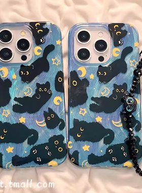 卡通黑色猫咪月亮适用于oppo A3pro/93s手机壳A2x/2m创意a57手机套a96全包A97/a11x羽纱A92透明a78女58x