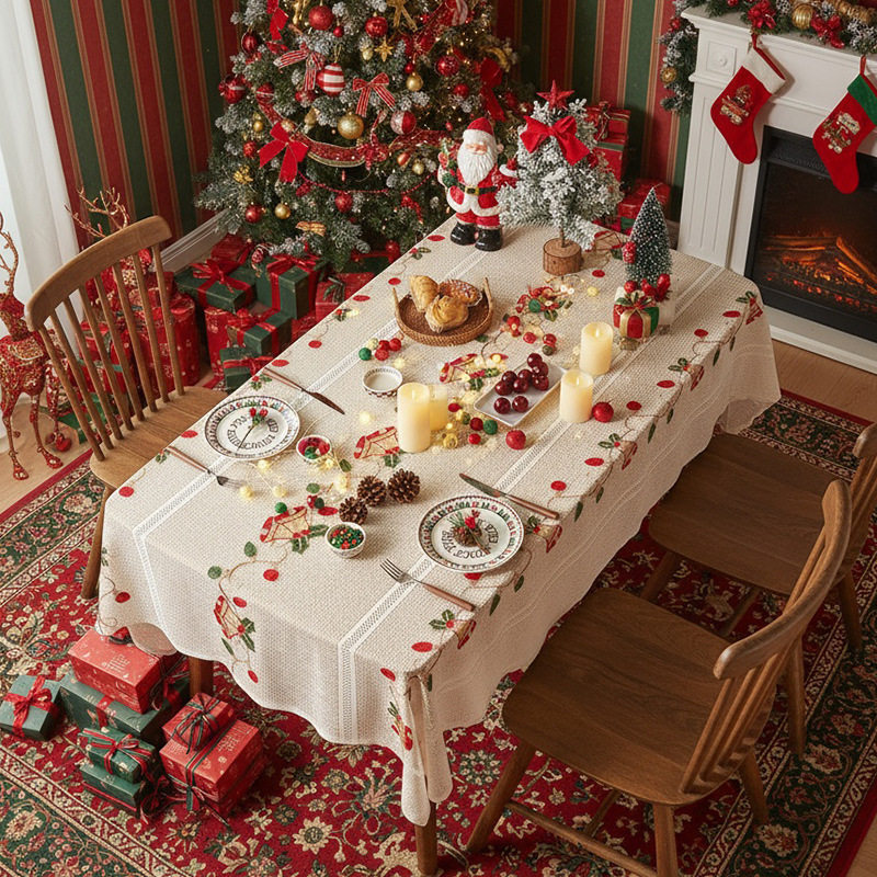 美式圣诞桌布铃铛刺绣蕾丝客厅