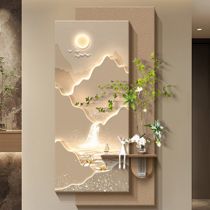 九鱼图奶油风玄关装饰画入户对门挂画立体客厅造T景走廊过道壁画图片