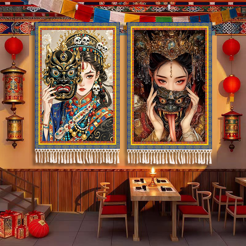 藏族人物扎基拉姆女财神招财挂毯客厅酒店民宿餐厅墙面装布艺挂画