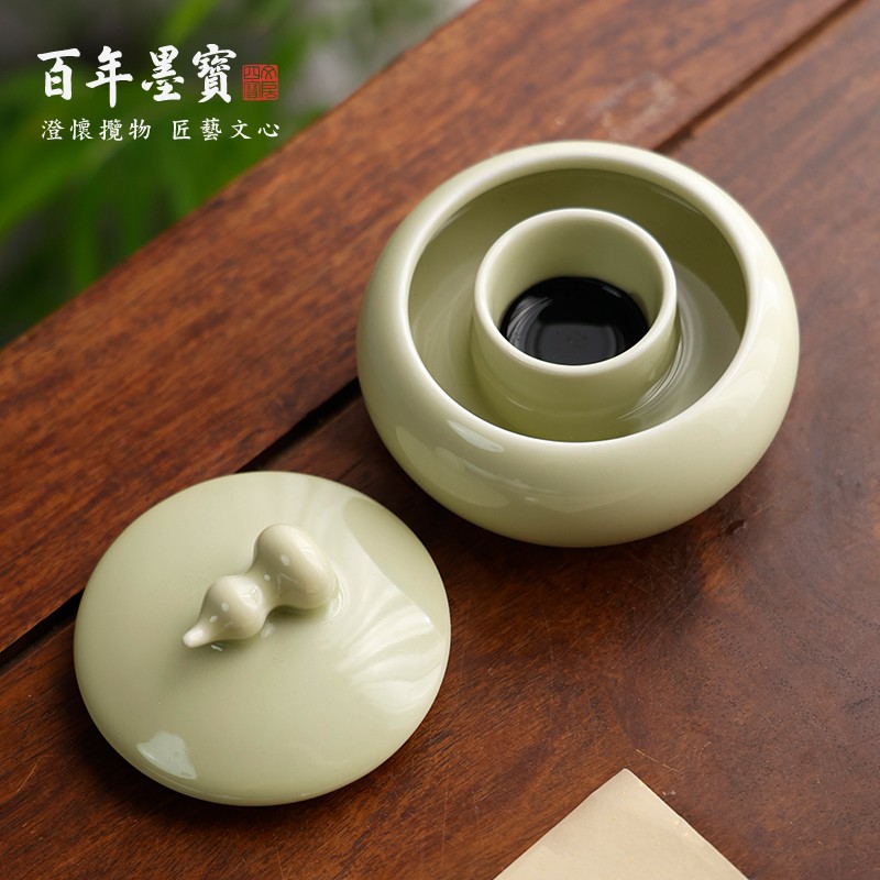 万人抢福禄火锅砚台 带盖防干墨碟保湿不干墨陶瓷笔洗 文房初学书