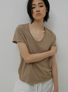 322WORKHOUSE纯色v领短袖t恤女2025新款夏季白色百搭棉麻上衣R633