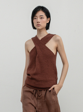 322WORKHOUSE咖色针织背心女2025新款夏季高级感挂脖无袖上衣B753