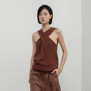 上衣B753 高级感挂脖无袖 322WORKHOUSE咖色针织背心女2025新款 夏季