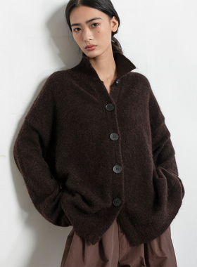 322WORKHOUSE马海毛针织开衫女2025新款秋季慵懒高领毛衣外套B577