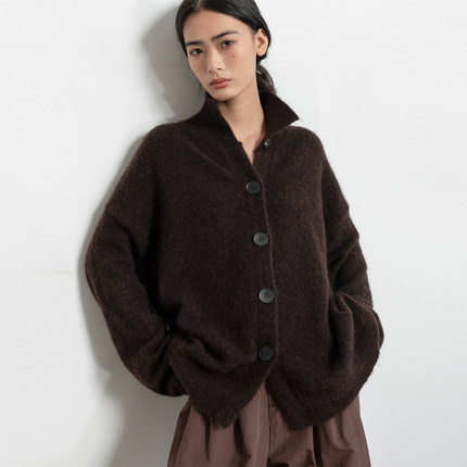 322WORKHOUSE马海毛针织开衫女2025新款秋季慵懒高领毛衣外套B577