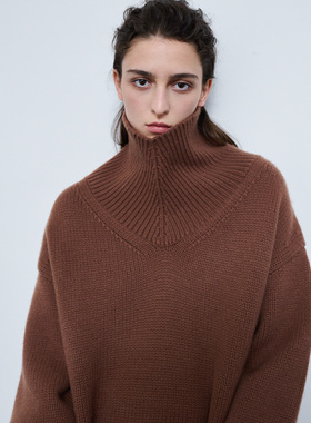322WORKHOUSE纯羊毛咖色高领毛衣女士2025新款秋冬针织羊毛衫B857