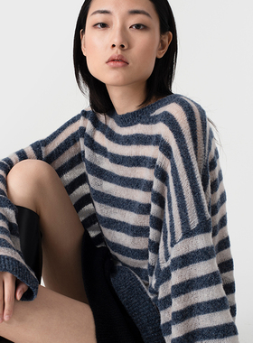 322WORKHOUSE羊毛廓形圆领套头衫女士2025新款春季条纹针织衫B012