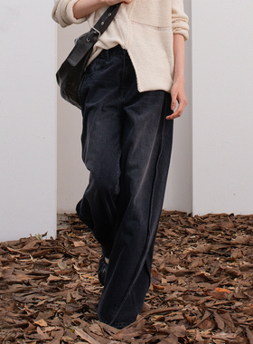 322WORKHOUSE黑色水洗直筒牛仔裤女士2025新款早秋宽松弯刀裤R789