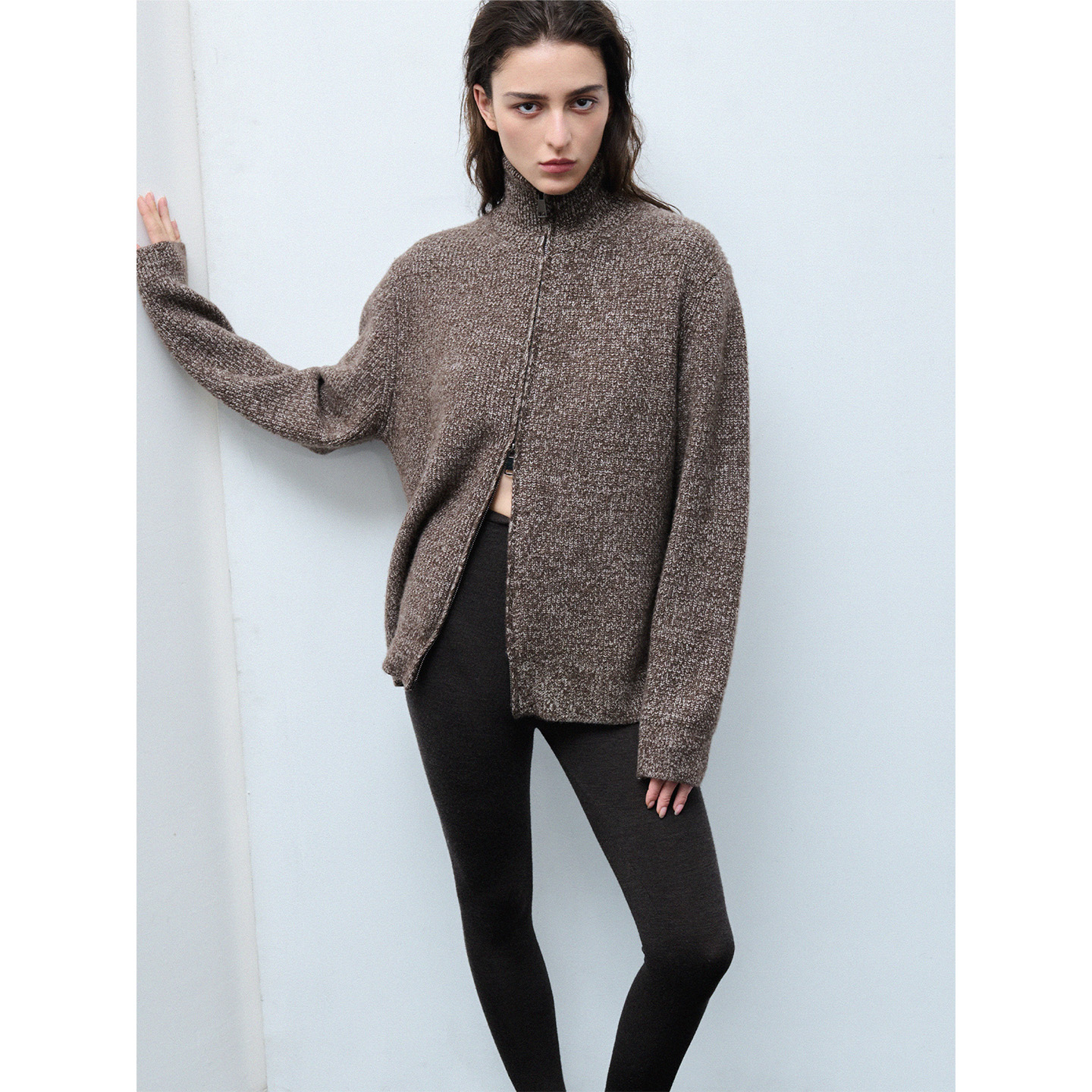 羊驼羊毛混纺立领拉链针织开衫