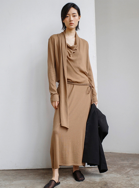 322WORKHOUSE羊毛黑色气质连衣裙女士2025新款春季独特长裙子B619