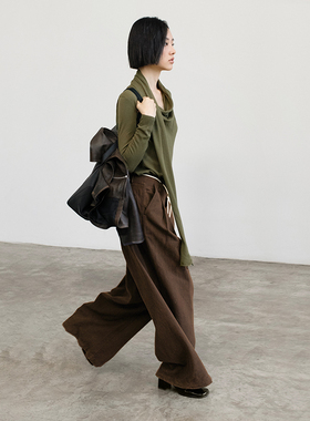 322WORKHOUSE巧克力色棉麻低腰休闲裤女2025新款早秋直筒长裤B463