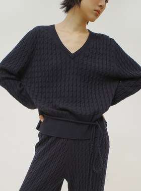 322WORKHOUSE羊毛v领针织衫女2025新款秋季绞花毛衣系绳上衣B603