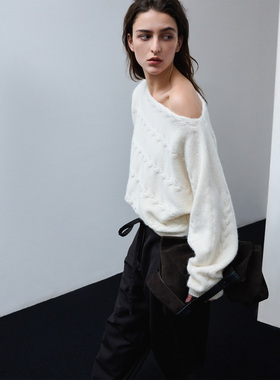 322WORKHOUSE羊驼毛斜肩毛衣女士2025新款秋季慵懒宽松针织衫B811