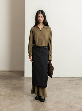 322WORKHOUSE羊毛POLO领直筒连衣裙女2025新款气质针织长裙子B583