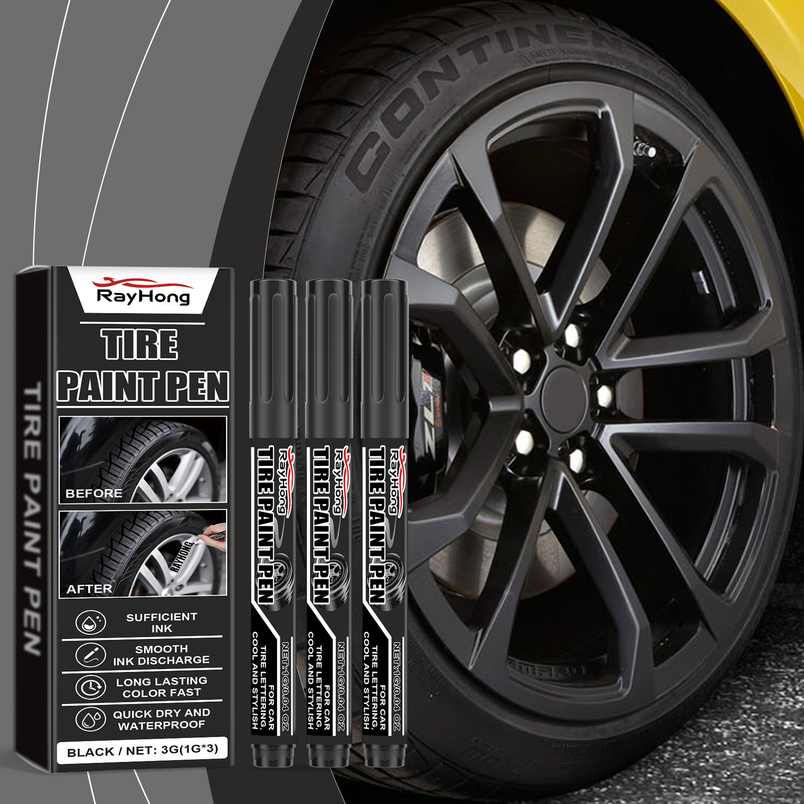Rayhong黑色汽车轮胎油漆笔多色