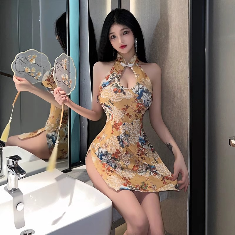 性感高端开叉无袖印花改良旗袍民国风紧身夜店高级感情趣睡衣套装