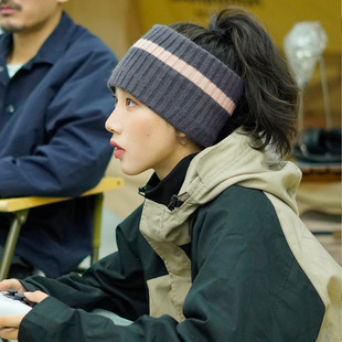 可扎高马尾的帽子针织高弹简约发带运动潮牌男女同款韩版拼色发箍
