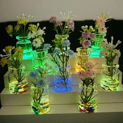 夜光七彩玻璃小花瓶高颜值仿真小花桌面迷你小摆件汽车饰品热卖