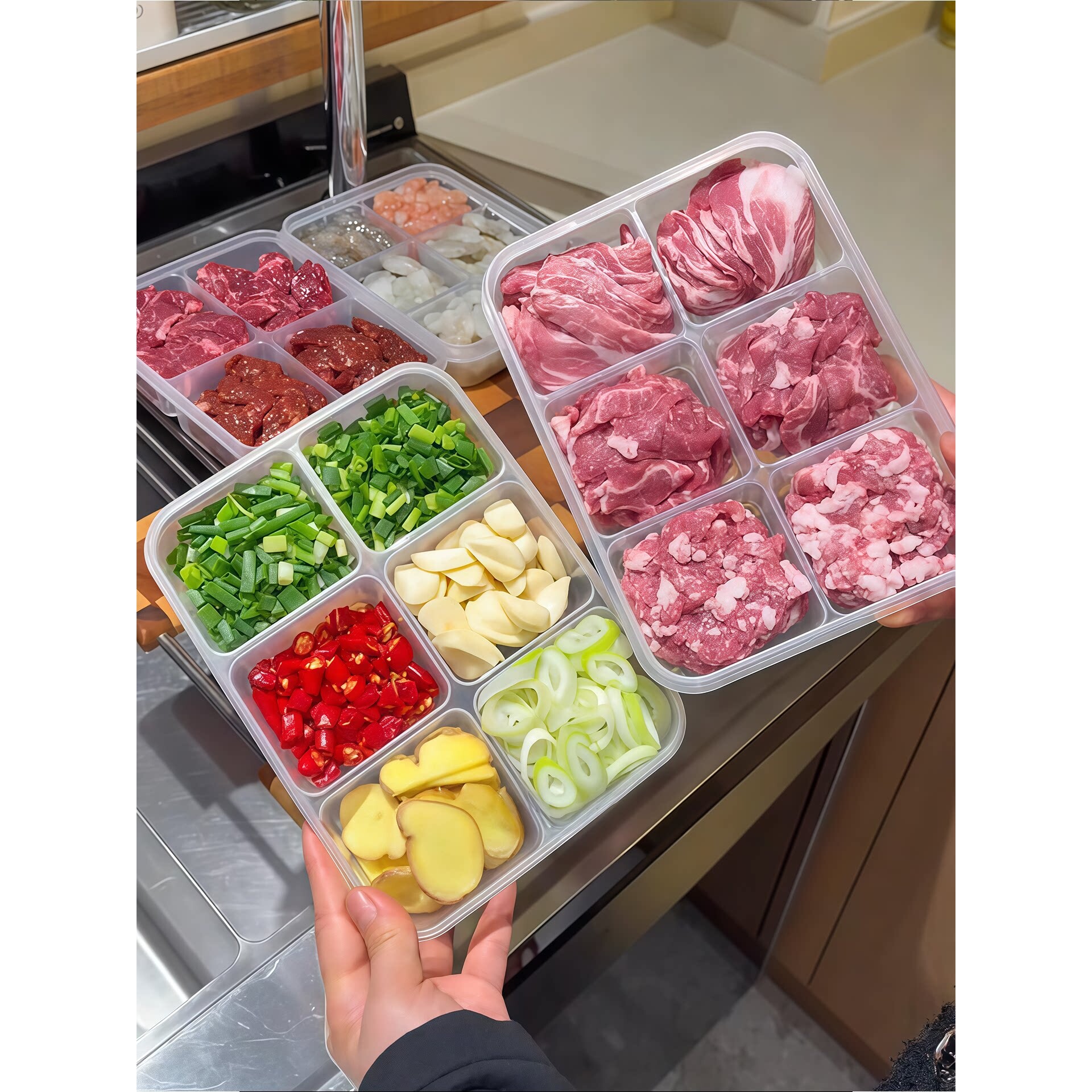 冰箱分格保鲜盒家用分格冻肉蔬菜食物分装盒大容量备餐冷冻盒