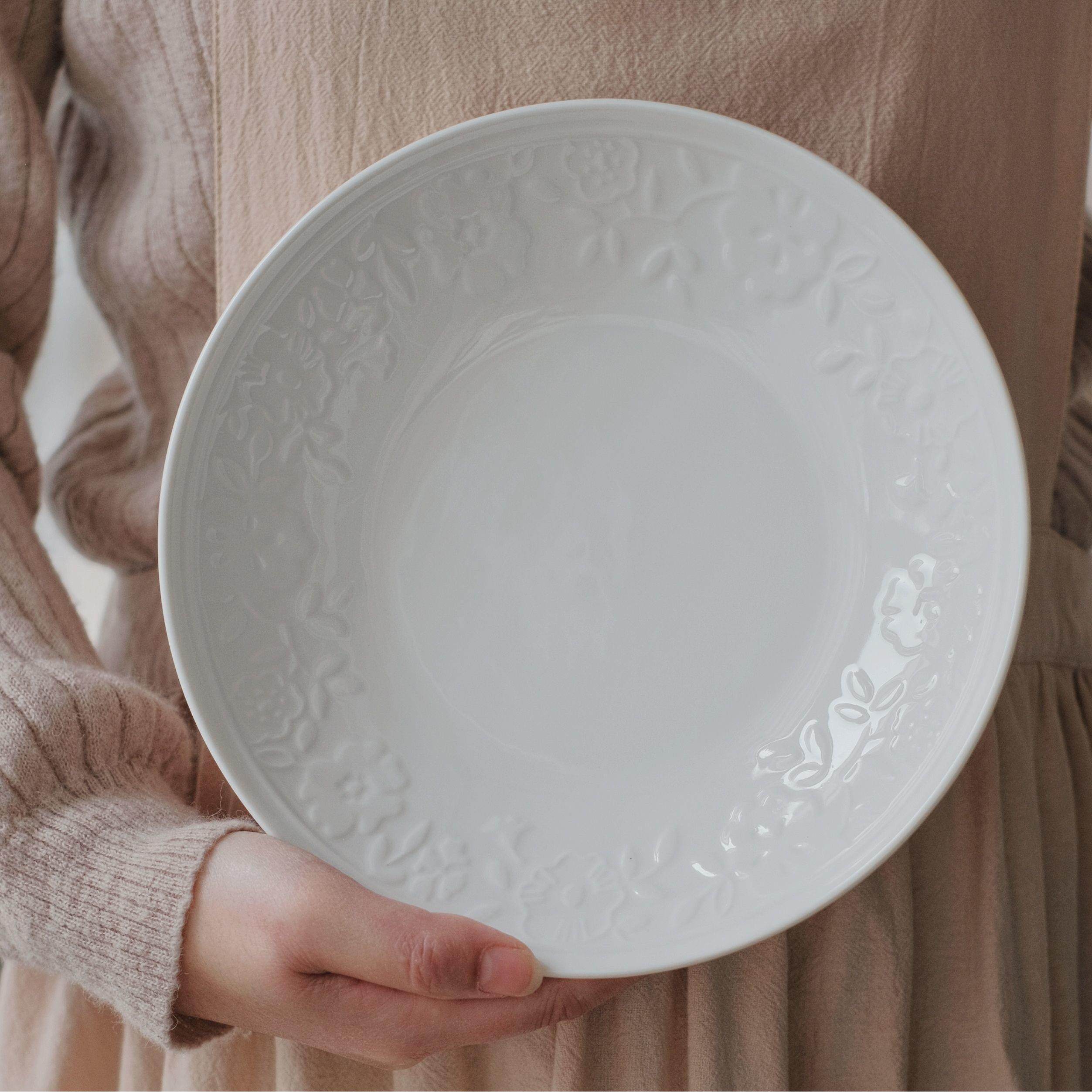 日釉下彩ins创意浮雕椭圆餐盘白色家用高 级感深盘沙拉早餐盘鱼盘,餐饮具,盘,淘宝优惠券,粉丝福利购,淘宝优惠卷