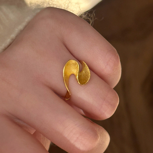 古法沙金拉丝波浪戒指女轻奢高级感复古食指戒小众设计可调节尾戒