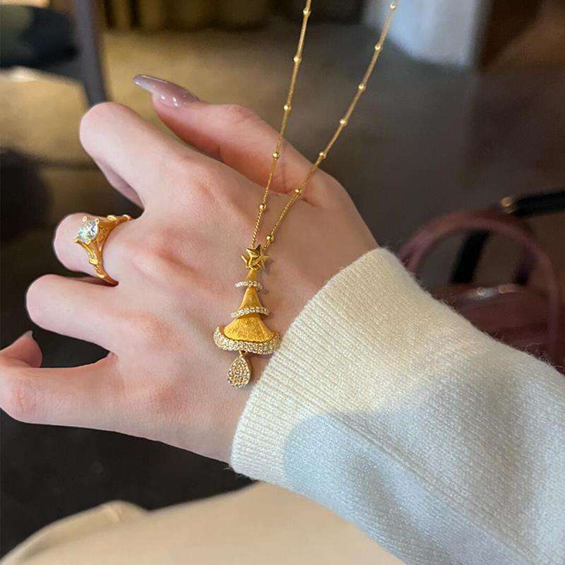 复古金色拉丝圣诞树吊坠项链女款