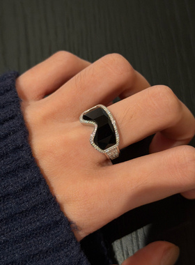 金属感银色黑玛瑙滑雪镜戒指轻奢