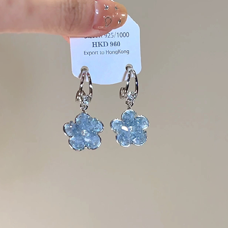 蓝色水晶花朵耳环女轻奢高级感