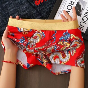 2025年新款龙纹本命年男士内裤纯棉青年男生四角短裤红色平角裤
