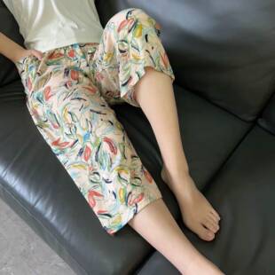 棉绸女士夏季薄款裤子人造棉短裤阔腿裤宽松大码七分裤家居可外穿