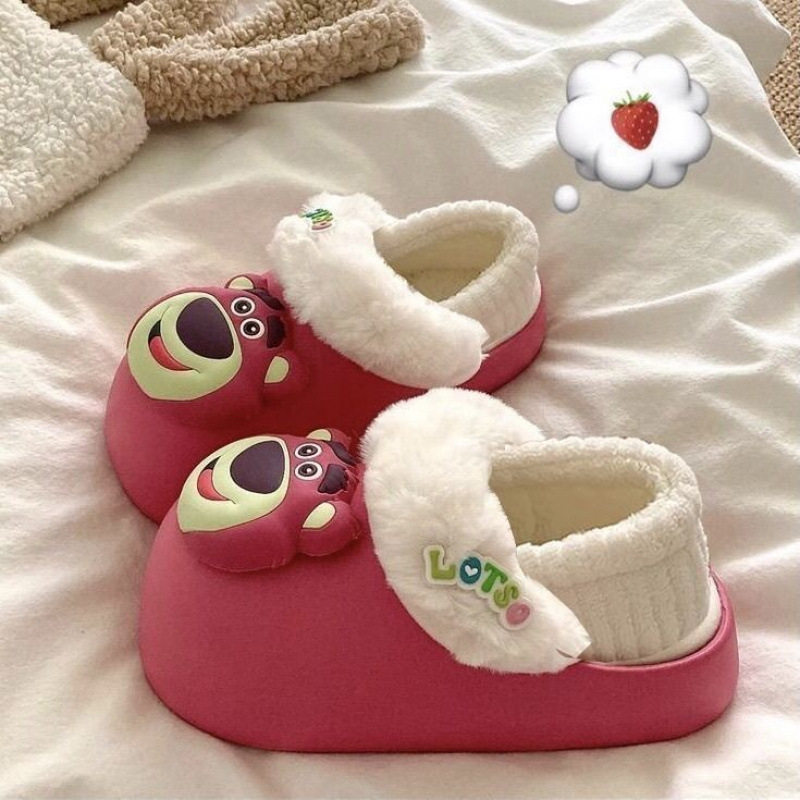 草莓熊棉拖鞋女款2025新款家居室内包跟秋冬厚底外穿毛绒鞋可拆卸