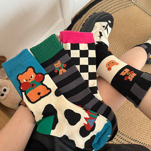 可爱袜子女中筒袜春秋款 长袜ins潮卡通搞怪小熊韩国创意秋冬袜女