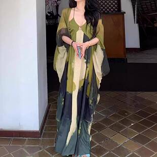 国风复古桥下春波 2024新款新中式古典韵味气质扎染连衣裙两件套